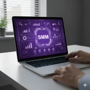 Close-up of a laptop screen showing a Social Media Marketing (SMM) analytics dashboard with various engagement icons and data graphs.