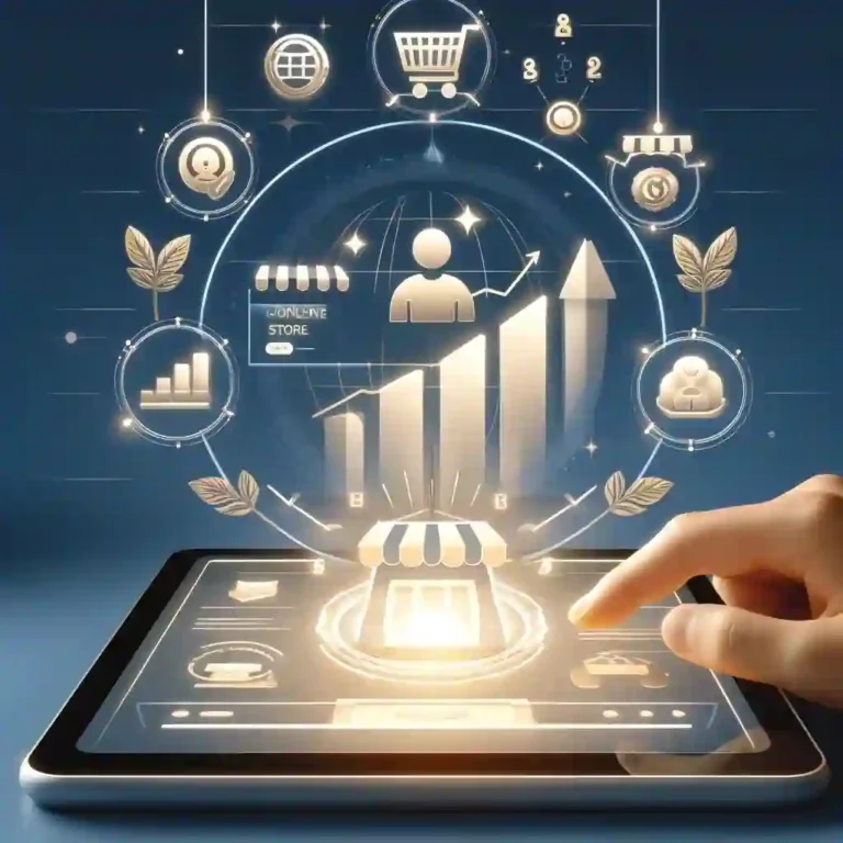 3D digital illustration of a glowing online store icon on a tablet screen with rising bar charts and retail symbols, representing e-commerce scaling.