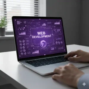 A digital workspace showing a laptop screen with a "WEB DEVELOPMENT" interface, featuring globe icons and technical UI components.