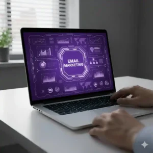 A laptop screen displaying a professional purple dashboard with the text "EMAIL MARKETING" surrounded by data visualizations and charts.