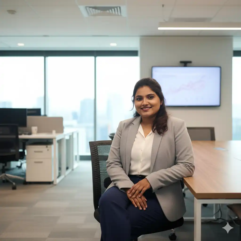 A professional portrait of a smiling woman in business attire sitting in a modern office environment.